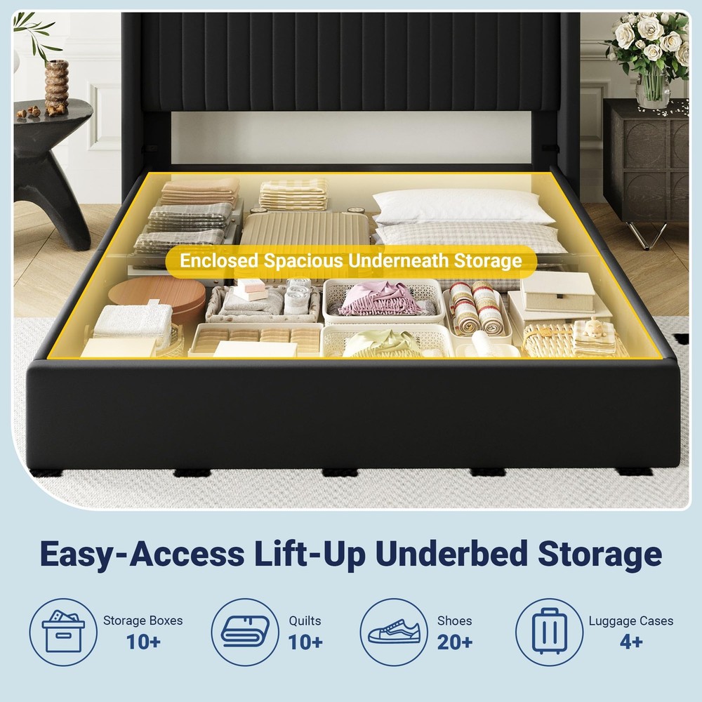 Queen Size Lift Up Storage Bed Frame, Hydraulic Support System, Upholstered P...