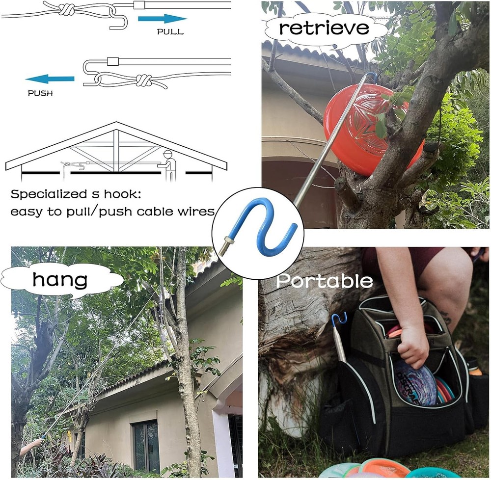 10 FT Telescoping Pickup Tool Magnetic Pole with Hook, Telescopic Push Pull Rod