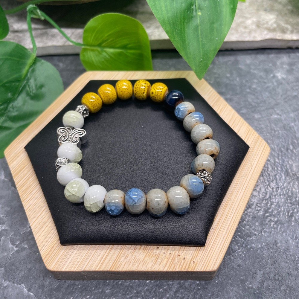 Handmade Ceramic Bead Beaded Stackable 6.5” Plus Stretch Bracelet New B519
