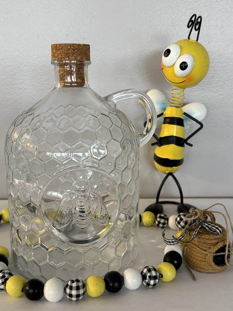 Honeybee Clear Glass Jug with Cork Lid & Handle, Honeycomb Pattern