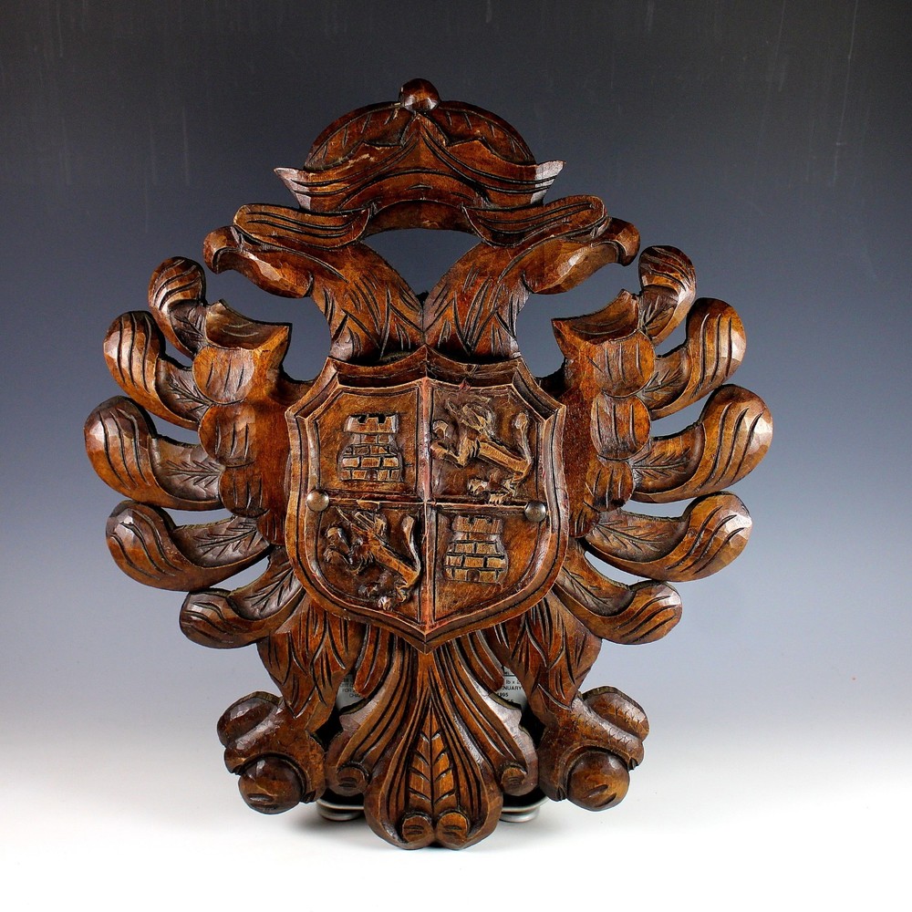 Antique French Solid Walnut Wood Highly Carved Panel Heraldic Shield Griffins