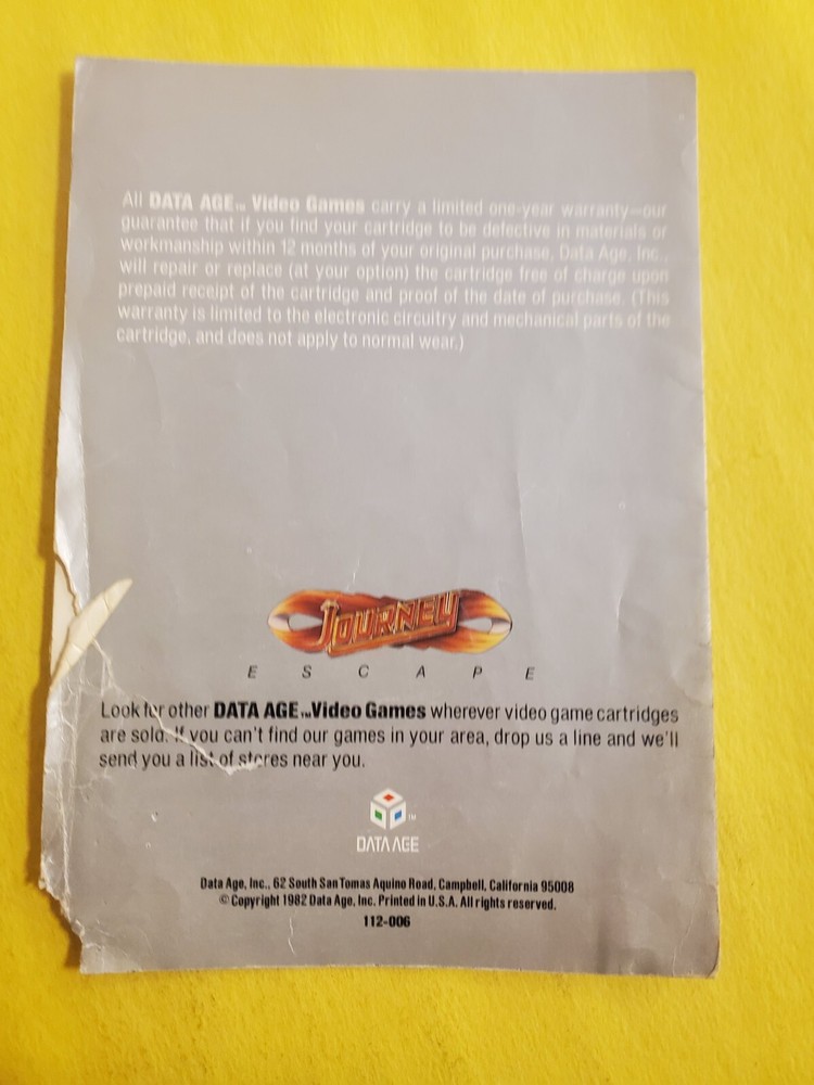 1982 Atari Data Age Journey Escape Instructions, Vintage