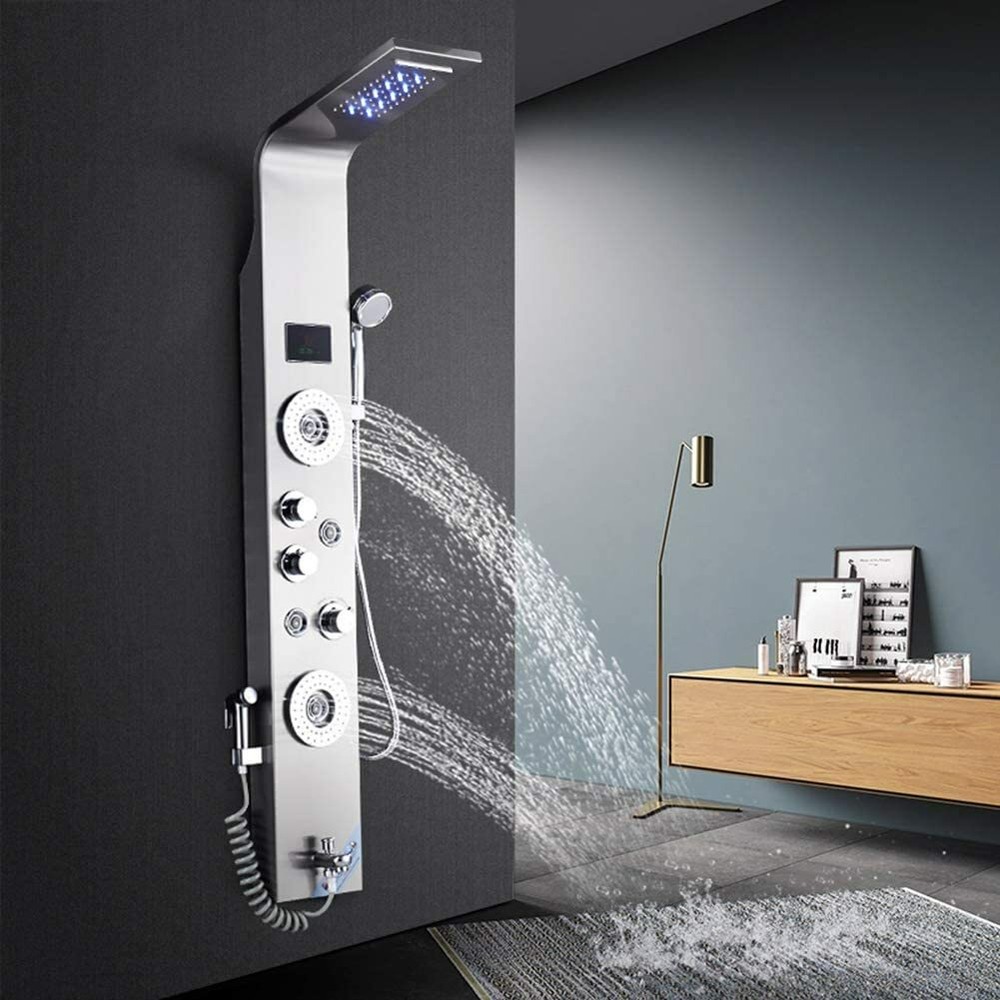 LED Shower Tower Panel Rainfall Waterfall Massage Shower Faucet System Stainless