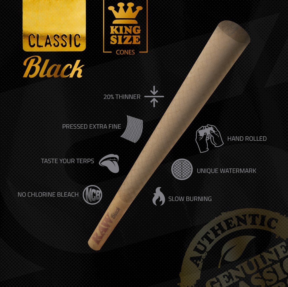 RAW Cones Black King Size | 50 Pack | Natural Pre Rolled Rolling Paper