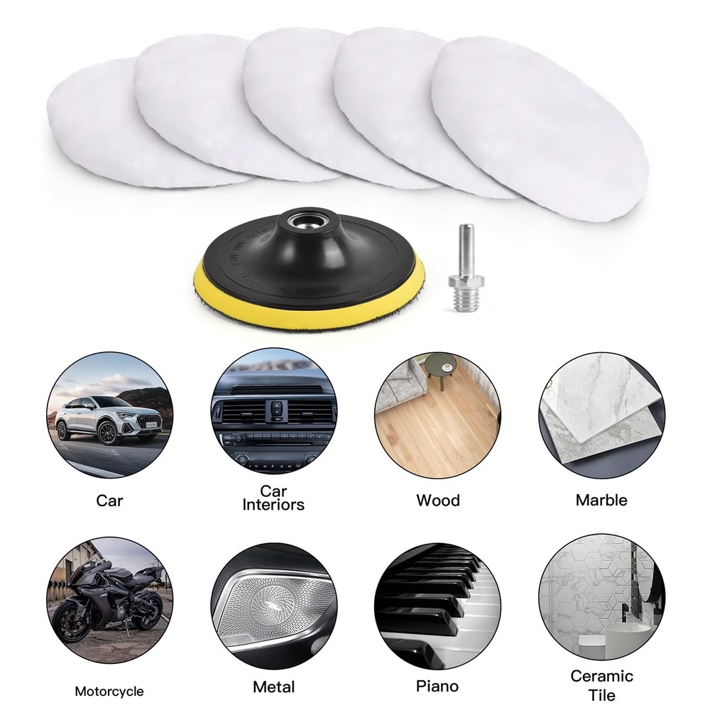 7 Piece 3 Inch Wool Buffing Pad, Drill Buffer Connecting M10 Drill Adapter, Buff