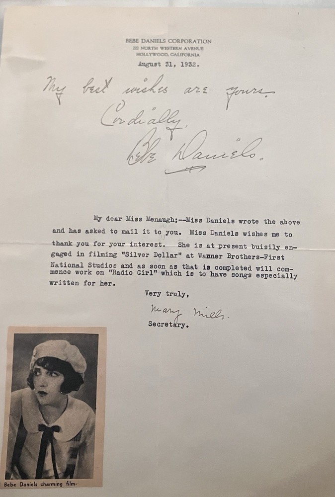 Bebe Daniels Signed Letter