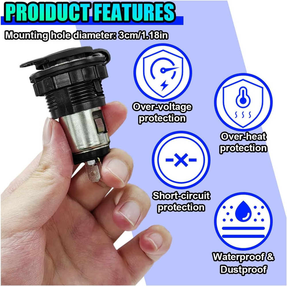 Cigarette Lighter Socket, DC 12V Car Power Outlet Socket Replacement, Waterproof