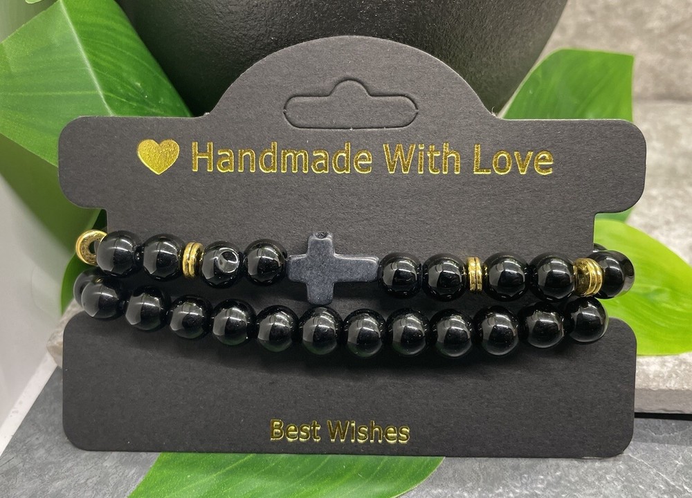 2 PC Handmade Beaded Stackable 6.5” Plus Stretch Bracelet Set Cross New B3706