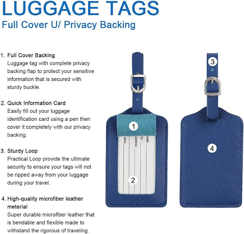 Leather Luggage Tags 4 Pack Bag Suitcase Labels 4 pack, Blue