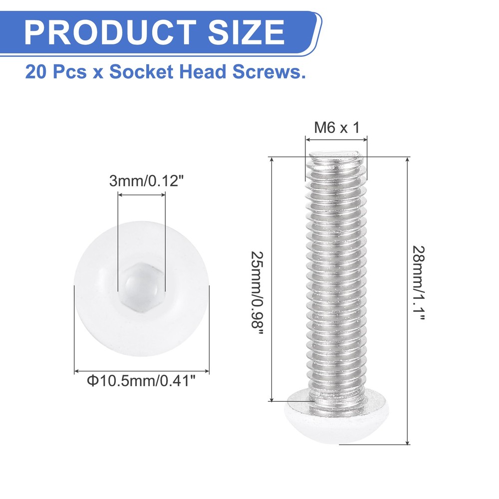 20 Pcs M6-1 x 25mm Button Head Socket Cap Screw Machine Screw, White