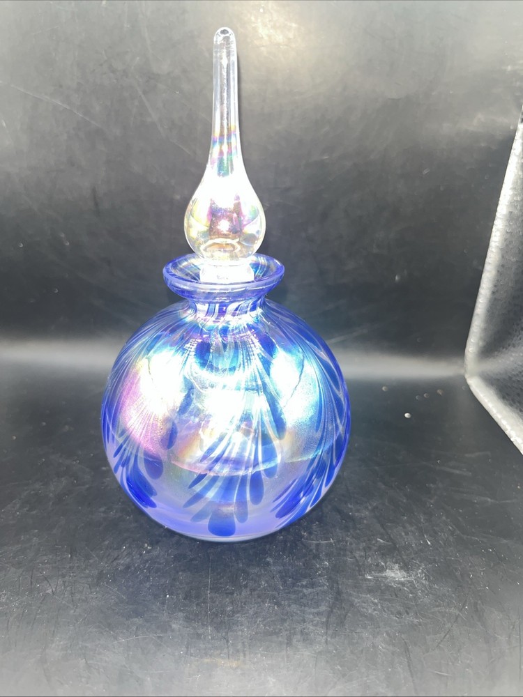 Iridescent Perfume Bottle With Stopper Pulled Feather Blue 6”