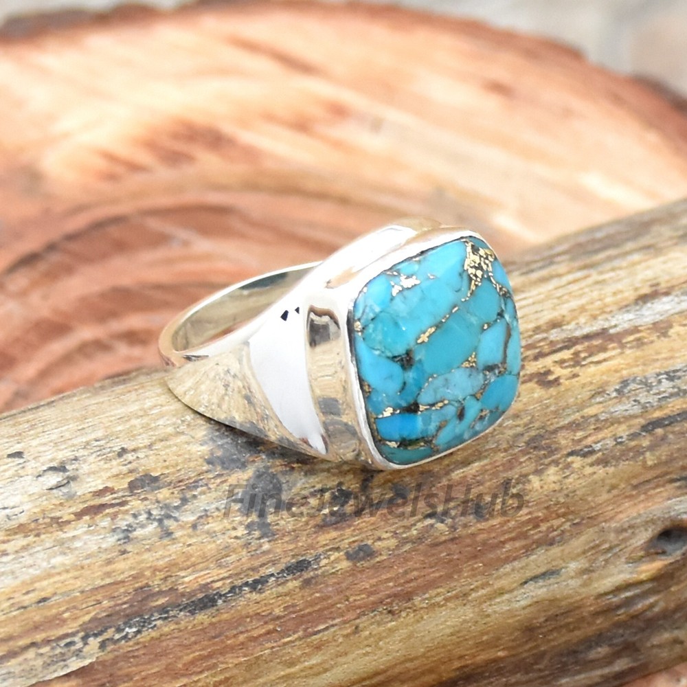 Copper Turquoise Ring, 925 Sterling Silver Ring, Handmade Men's Ring Boho Ring