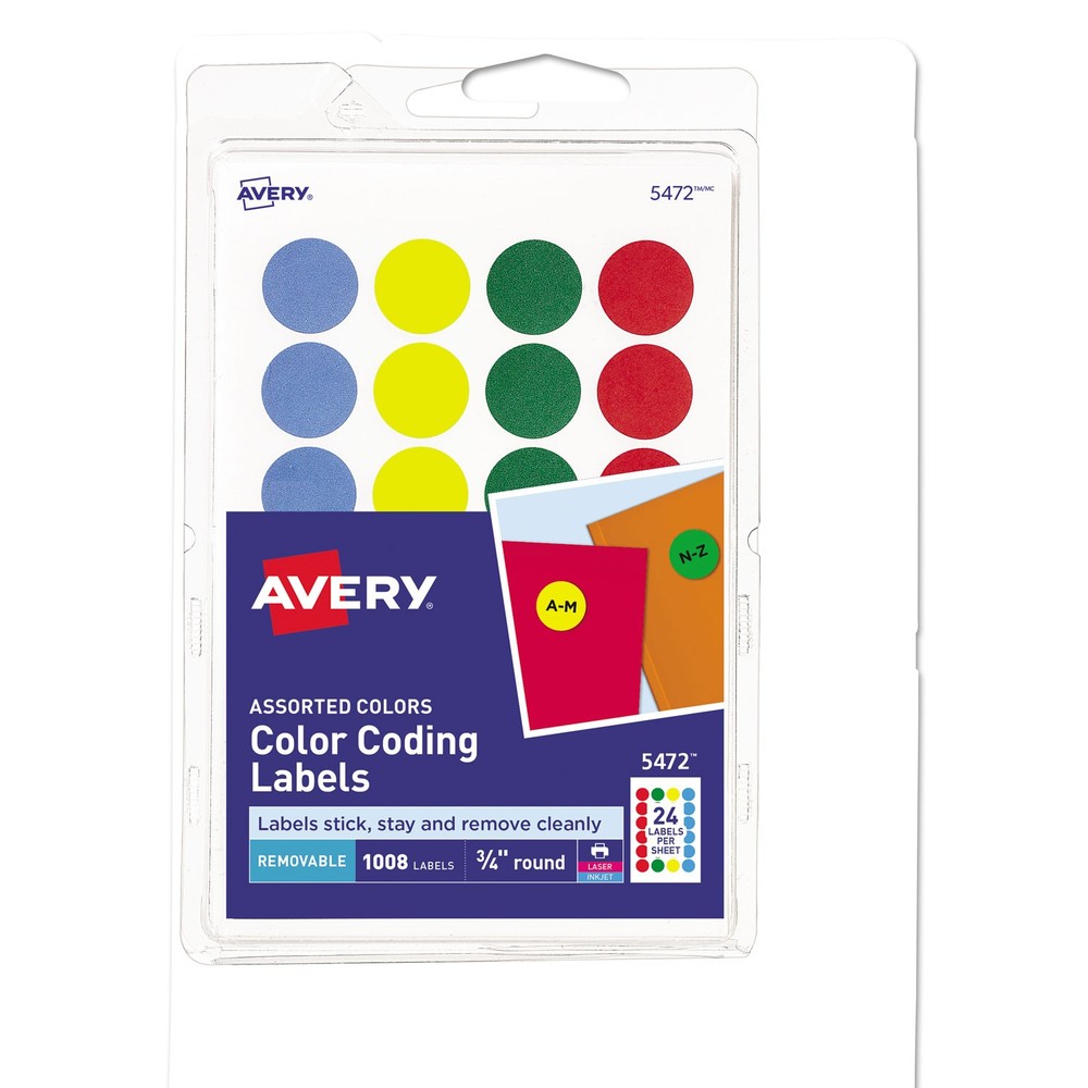 Avery® Printable Removable Color-Coding Labels, 3/4" dia, Assorted, 1008/Pack