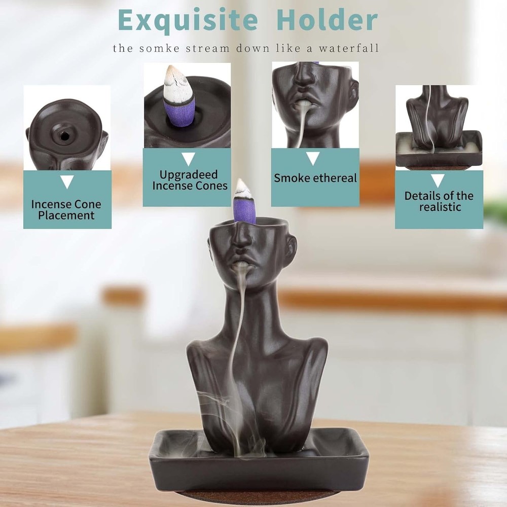 YYW Statue Backflow Incense Holder Burner Waterfall Black