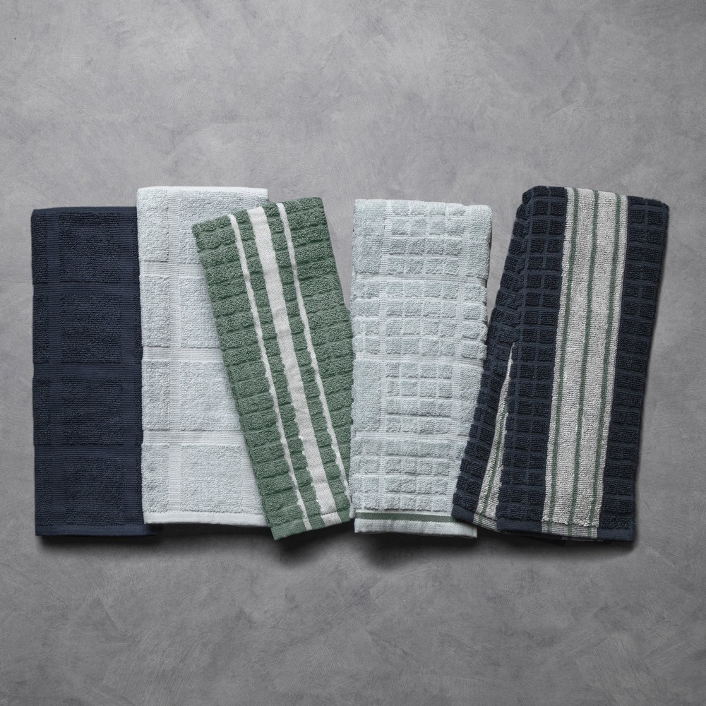 Kitchen Towels, Navy, Green, & White, 5 Pack Set