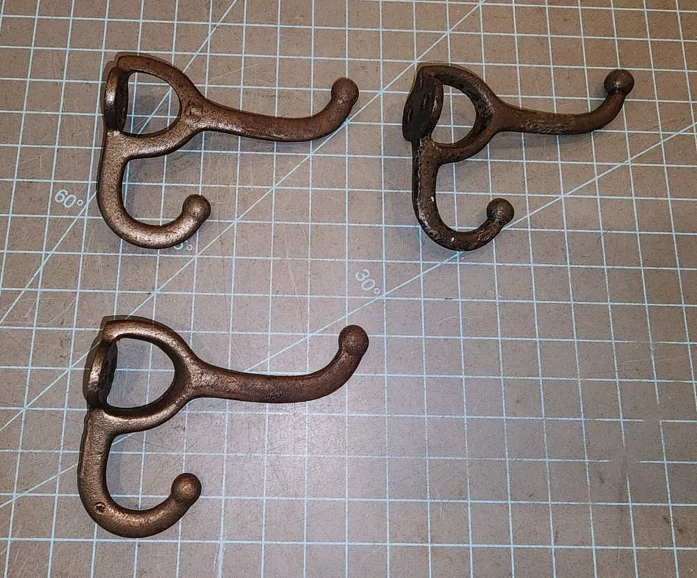 3 Antique Matching Cast Iron Ball Top Double Coat Hat Hooks - gwPP