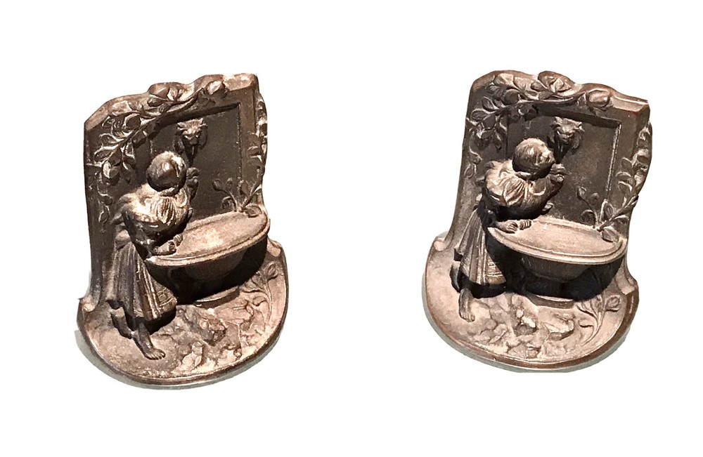 Pair Vintage Antique 19C Cast Bronze Relief Bookends Holders Old Decor Statue