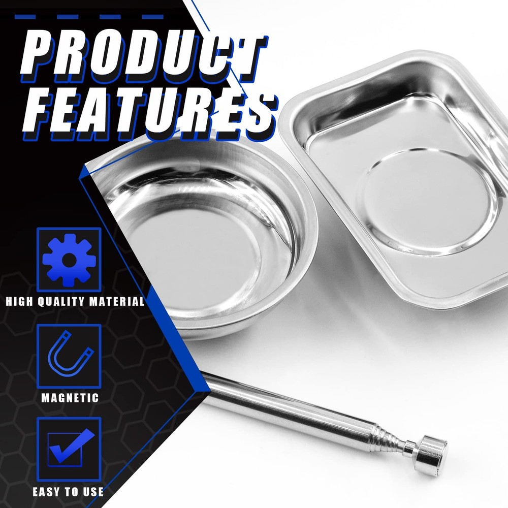 Magnetic Tool Tray Set - Round & Rectangular Bowls with Pickup Tool 5-Pcs