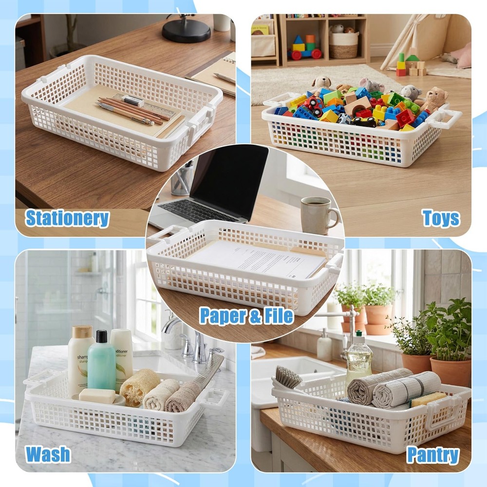 4 Pack Plastic Basket for Organizing, Stackable A4 Paper Trays with Handle, T...