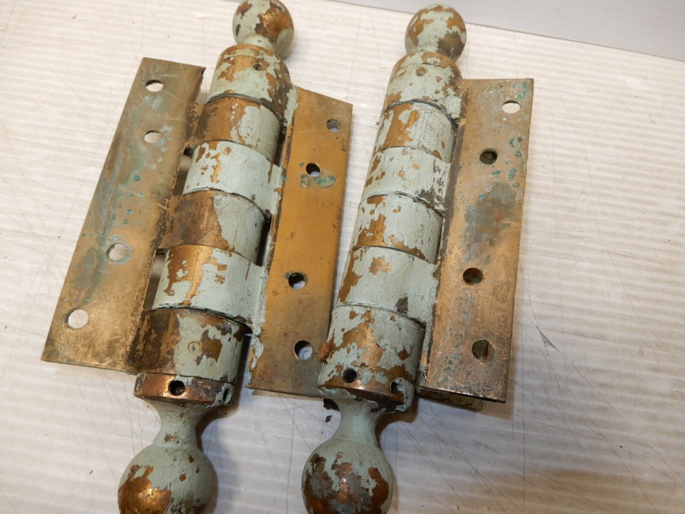 ANTIQUE PAIR LARGE SOLID BRASS SPRING HINGES OLD BLUE PAINT