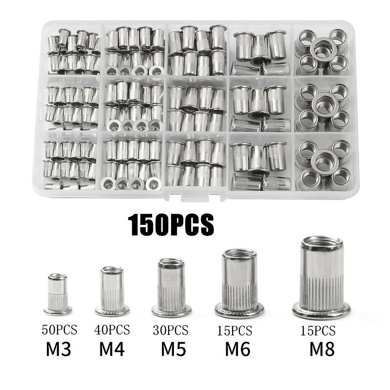 150Pcs RIVET NUT Flat Head Threaded Insert Stainless Steel Nutsert Set Kit