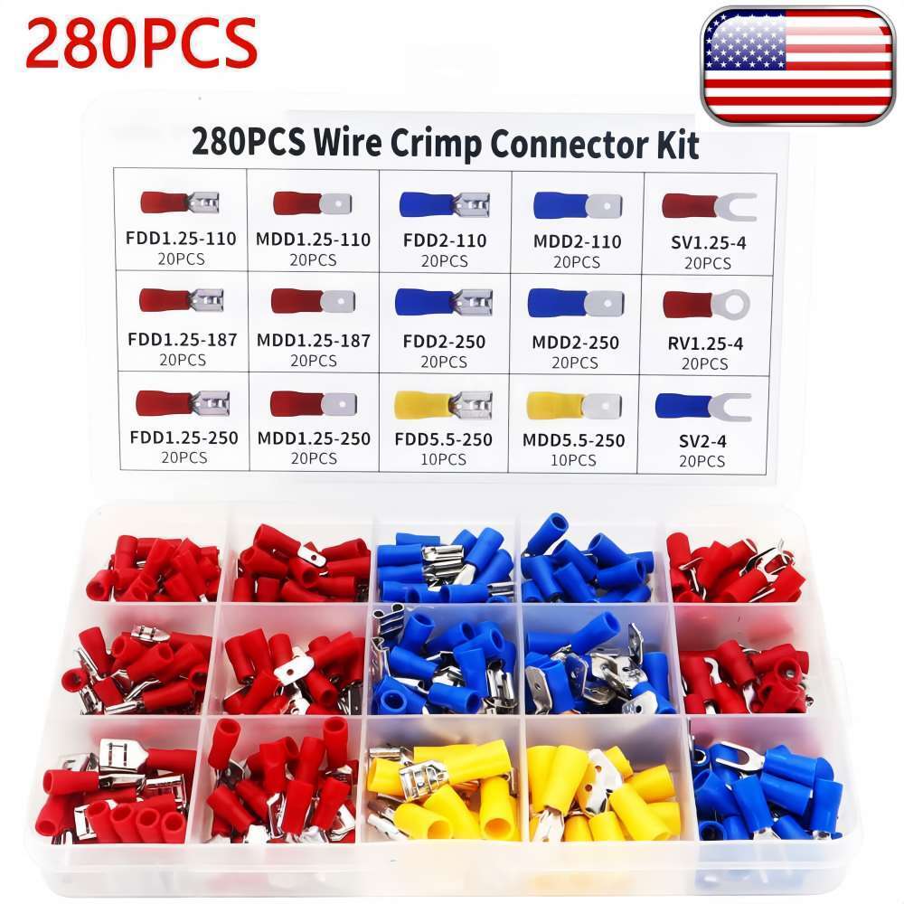 280 x Assorted Insulated Electrical Wire Terminal Crimp Connector Spade Kit Set