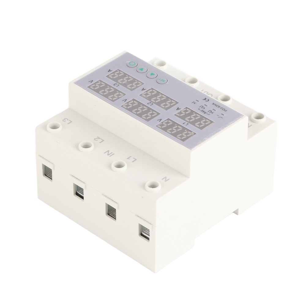 63A 3Phase DIN Rail Voltmeter Ammeter Auto-Overvoltage Overcurrent Protector AC