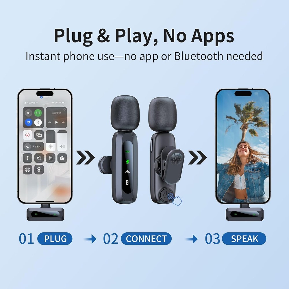 Wireless Mini Microphone for iPhone 15/16, iPad, Android, Wireless Lavalier Micr