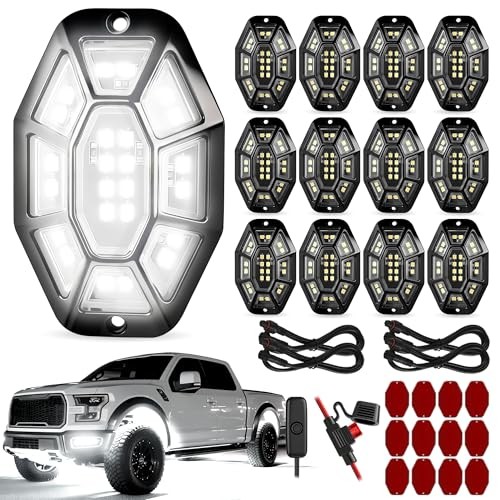 12 Pods 324 LED 9 Sides Pure White Rock Lights Kit with Switch Wiring Harness,