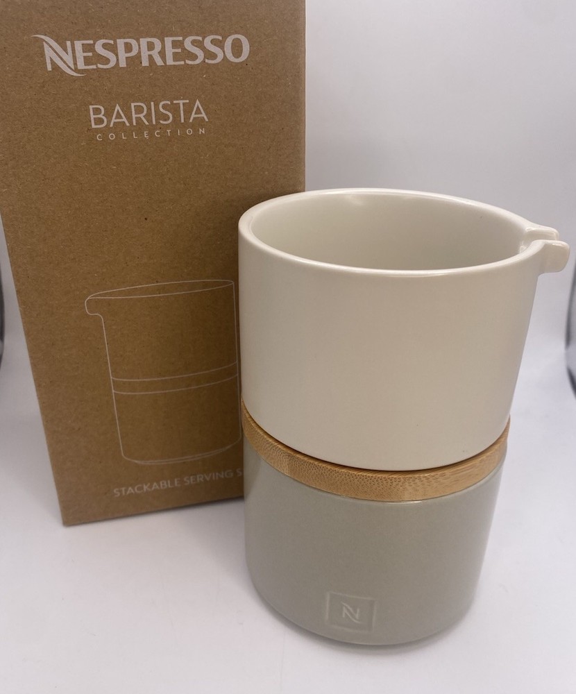 NEW Nespresso Barista Stackable Lidded Sugar Creamer Serving Set Wood & Ceramic