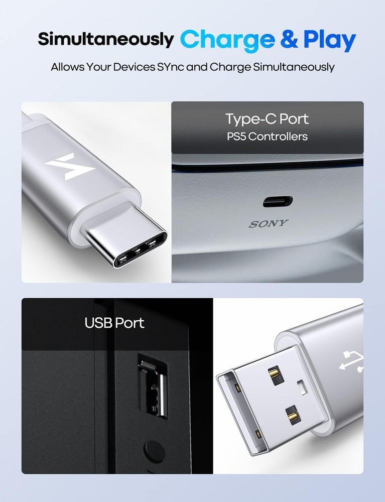 ZENANBiBi White PS5 USB C Charging Cable 10ft, Long