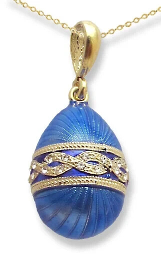 Egg Pendant, Light Blue Enamel, Pattern Design, CZ Crystals + Gold Plated