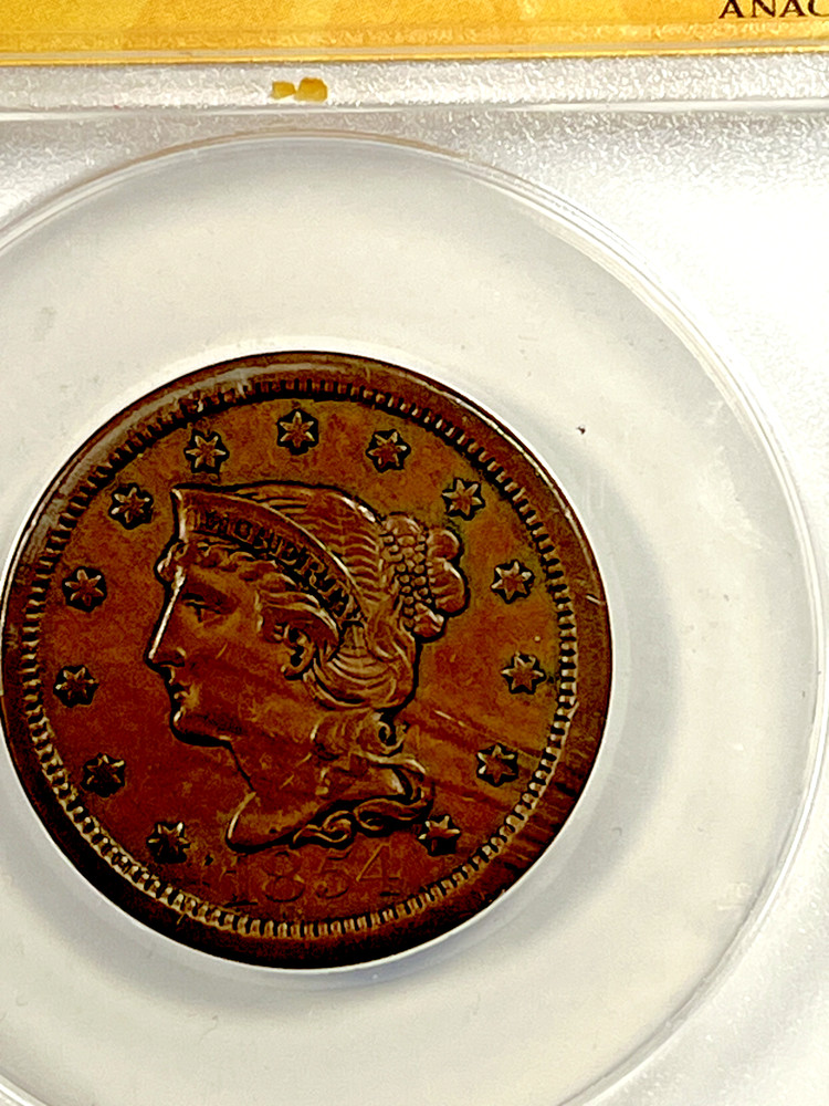 1854 Braided Hair Large Cent : ANACS EF45