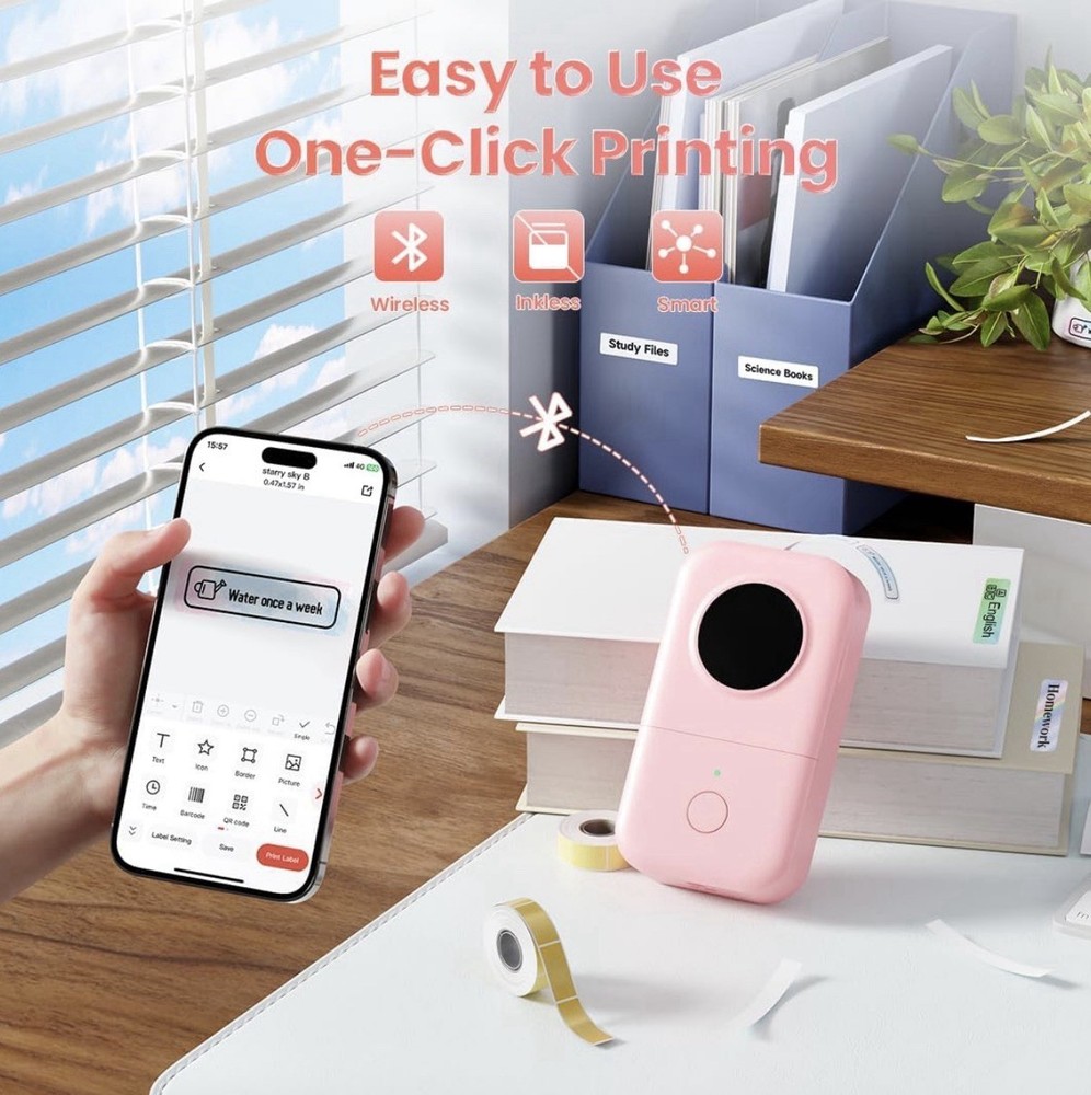 Phomemo D30 Label Maker Machine, Portable Handheld Bluetooth Mini Printer Pink