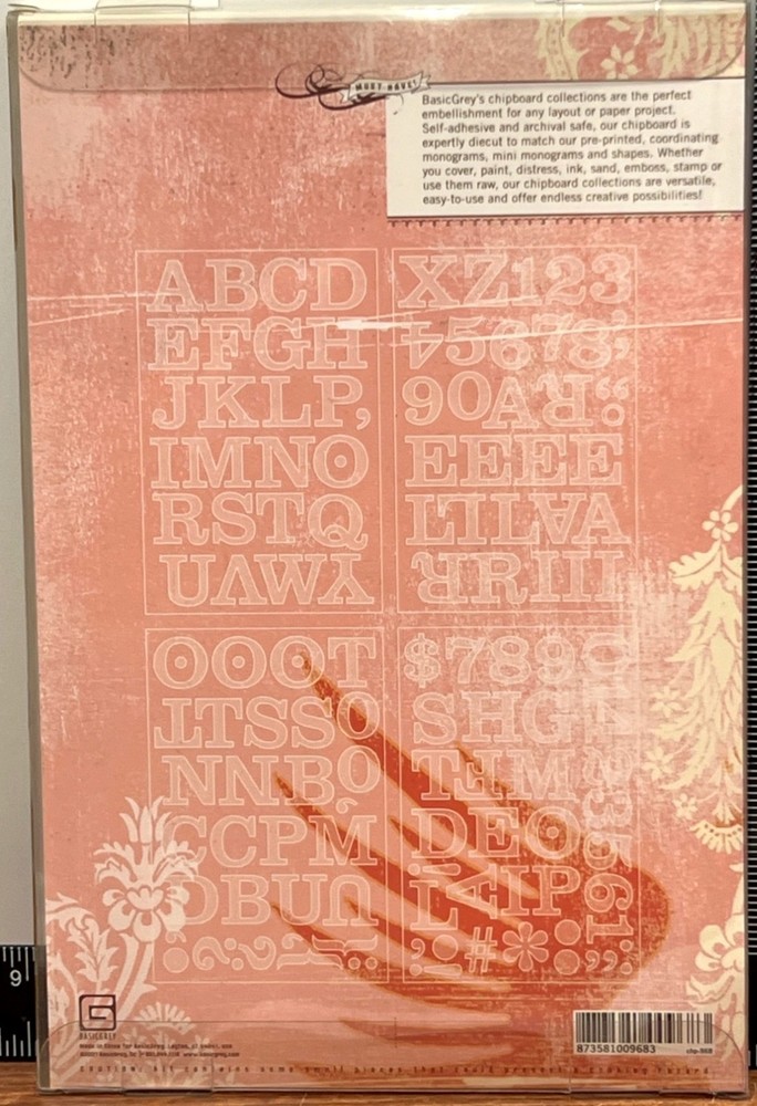 BasicGrey Undressed Chipboard Alphabet Set Middleset W SELF ADHESIVE BACKING