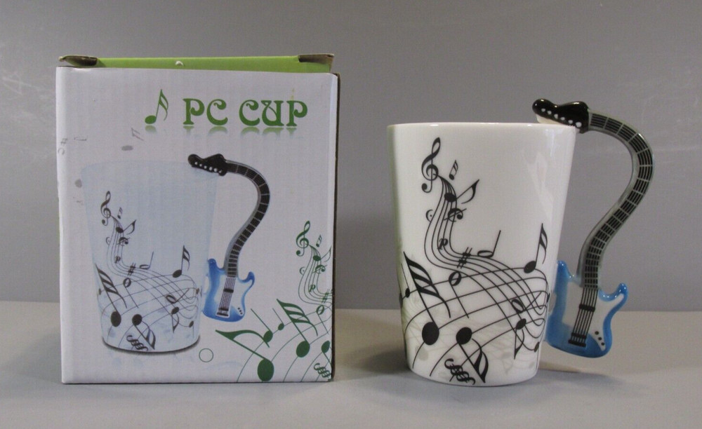 8 oz. Ceramic Cup with Musical Notes and Blue Electric Guitar Handle