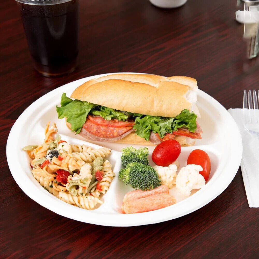 Bagasse Section Plates 10" (26cm) Biodegradable White Compartment Plates