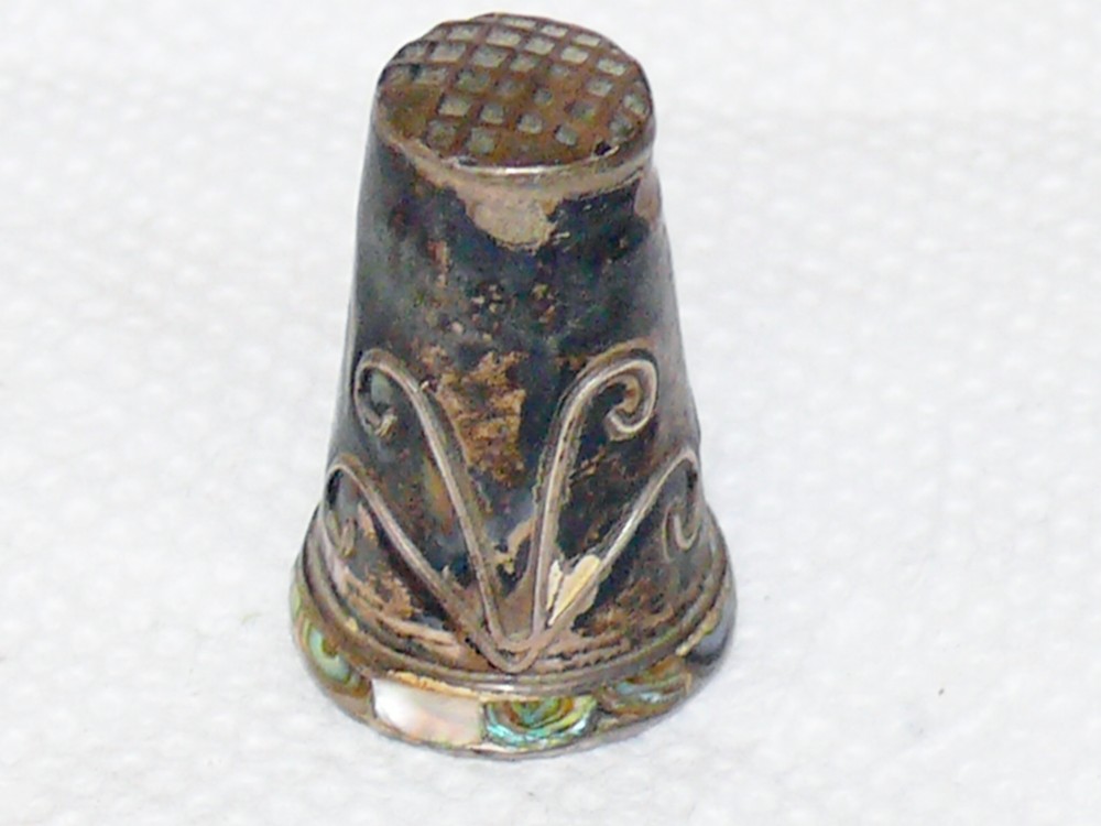 Antique Sterling Silver 925 Thimble Mexico Abalone Shell Applied Scroll 2.3 Gram
