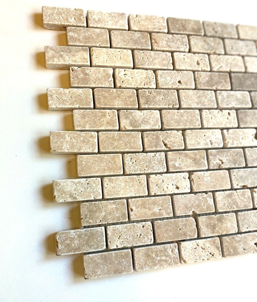 1X2 Walnut Tumbled Rounded Edge Travertine Mosaic Tile Backsplash (1 sqft)
