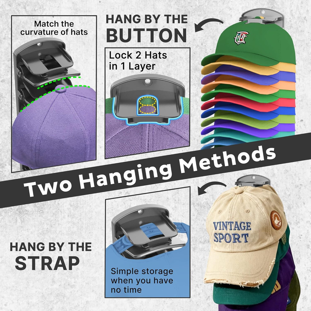 Double Capacity Hat Organizer for Baseball Caps 2 Packs - 40 Cap Storage with Sp