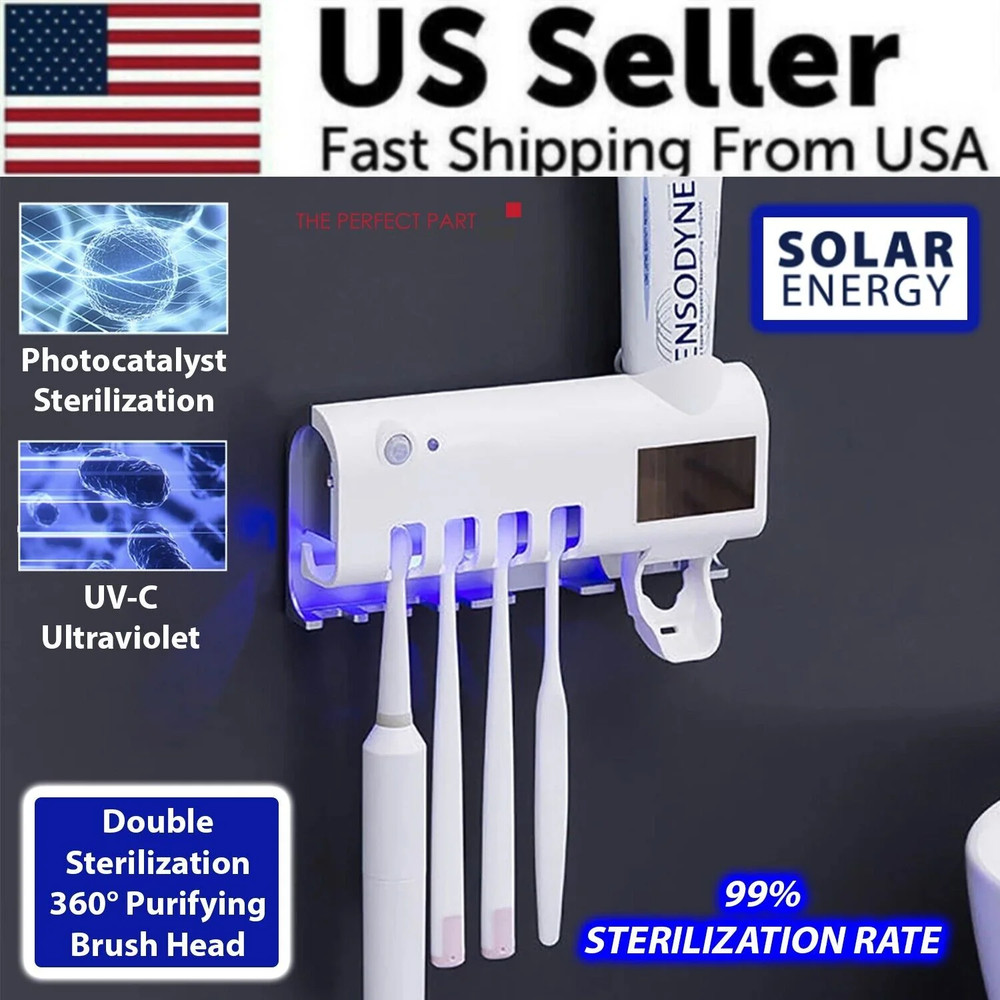 UV Toothbrush Sterilizer Holder w/ Automatic Toothpaste Dispenser Wall Mount
