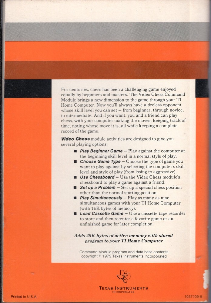 TI-99/4 & 4A Video Chess Command Module Manual & Addendum