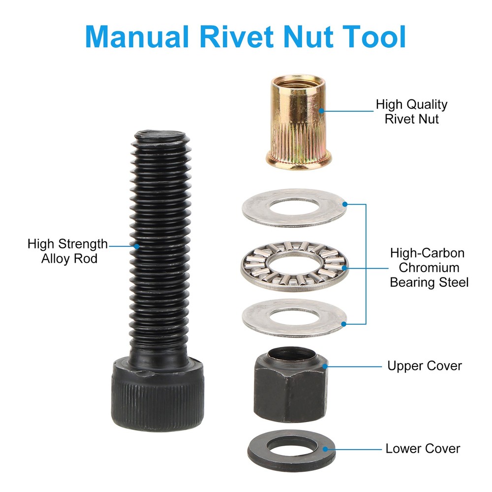 5x Manual Rivet Nut Tool Adapter Carbon Steel Flat Head Threaded Insert Nuts Set