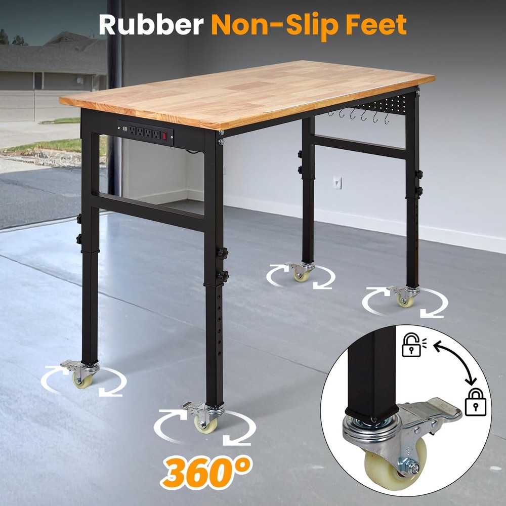 48" Adjustable Workbench 2000Lbs Load Work Bench with Pegboard & Power Outlets
