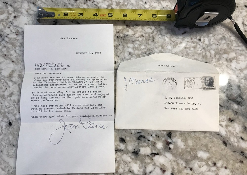 Jan Peerce- (Opera Singer) 1963 signed letter - personalized stationery/envelope