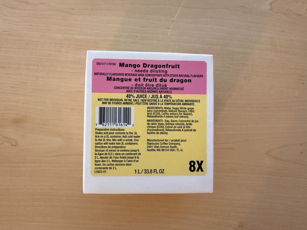 Starbucks Mango Dragonfruit Refresher Base 8X.