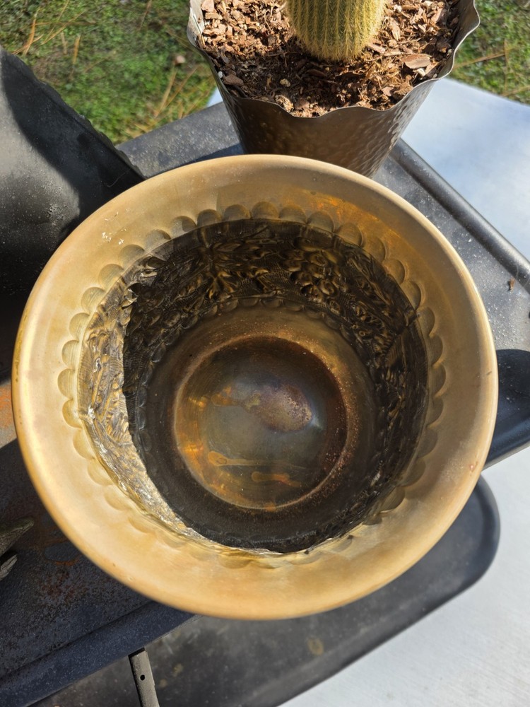 Vintage Embossed Brass Planter Medium Grape Leaf Design Boho Decor India Style