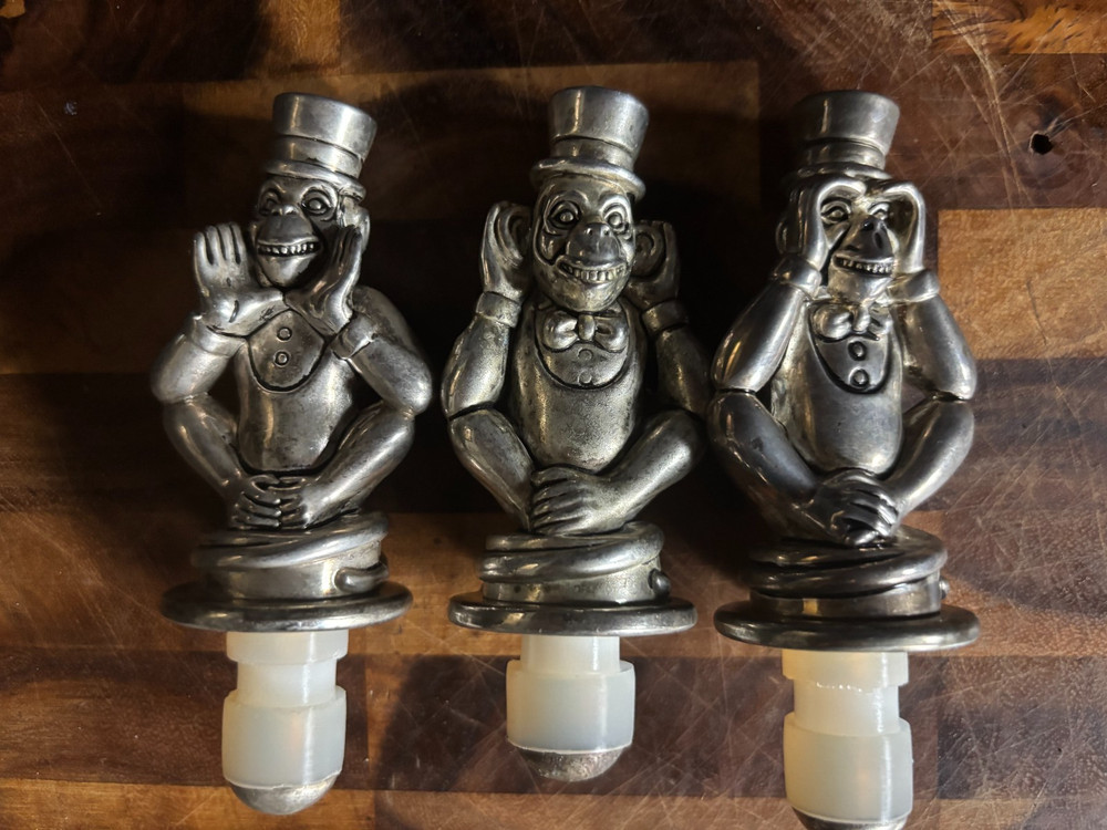 Neiman Marcus Boxed 3 Pc Wine Stopper Set Buddhist Monkey Quote about EVIL