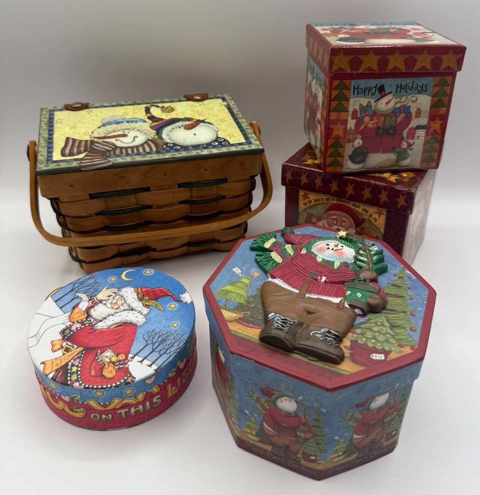Snowman Lidded Wicker Basket, Gift Boxes 5pc Set