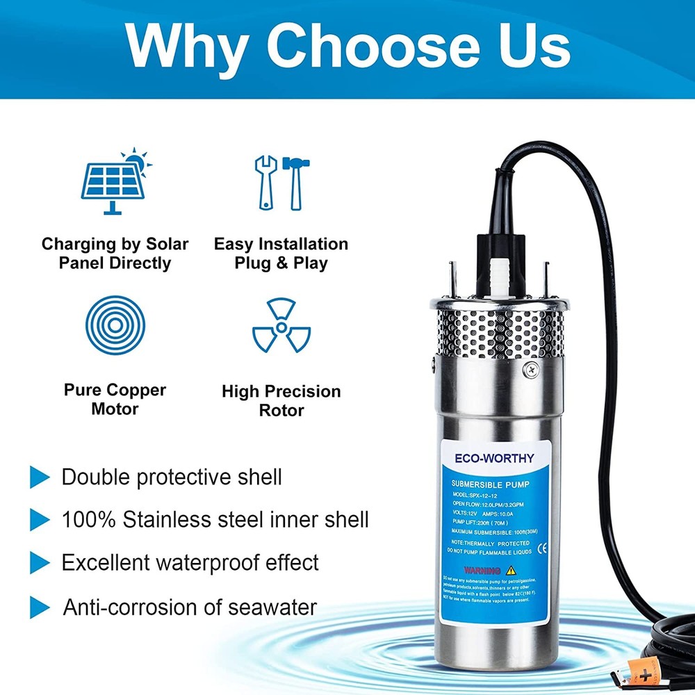 12V DC Submersible Deep Well Pump 3.2GPM 230ft for Irrigation ‎Stainless Steel